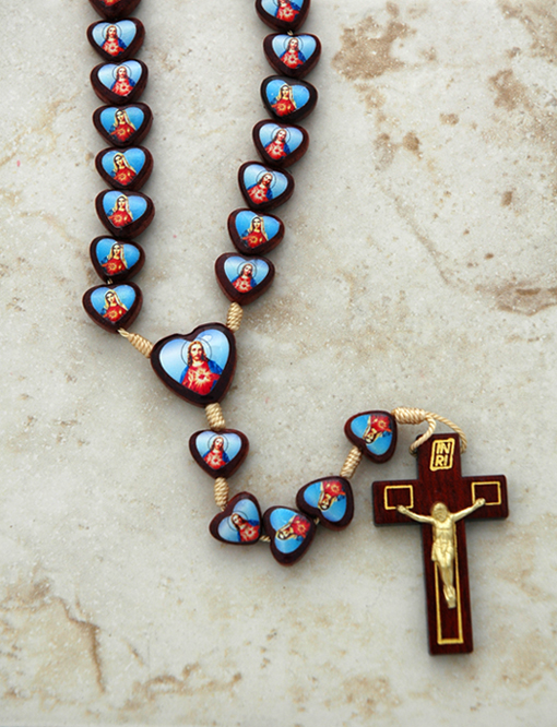 B051S - Brazilian Wood Rosary, Two-Sided Hearts, Sacred Heart / Immaculate Heart