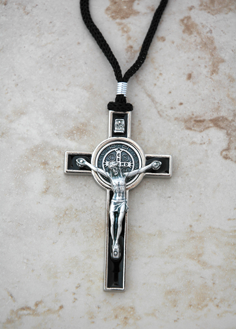 BA15997 - Brazilian Metal St. Benedict, Silver & Black, on Cord