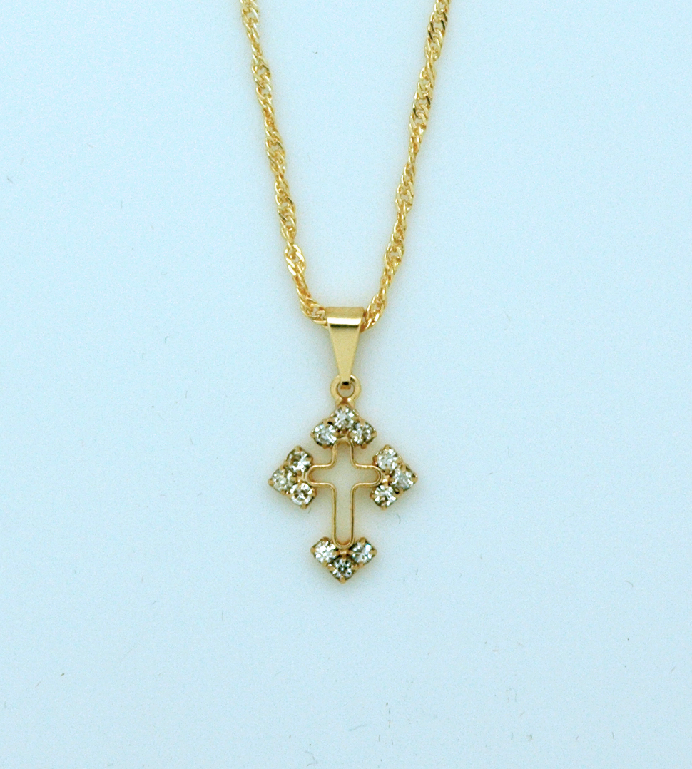 BCF09 - Brazilian Necklace, Gold Plated, Cut-Out Cross with Crystals, 20 in. Chain
