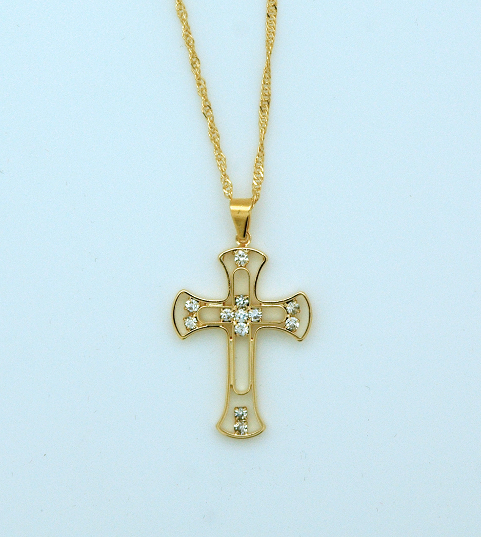 BCF13 - Brazilian Necklace, Gold Plated Cross with Crystals, 1 1/4 in., 20 in. Chain