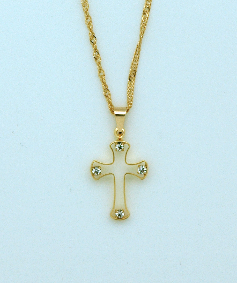 BCF15 - Brazilian Necklace, Gold Plated Cut-Out Cross with Crystals, 3/4 in., 20 in. Chain