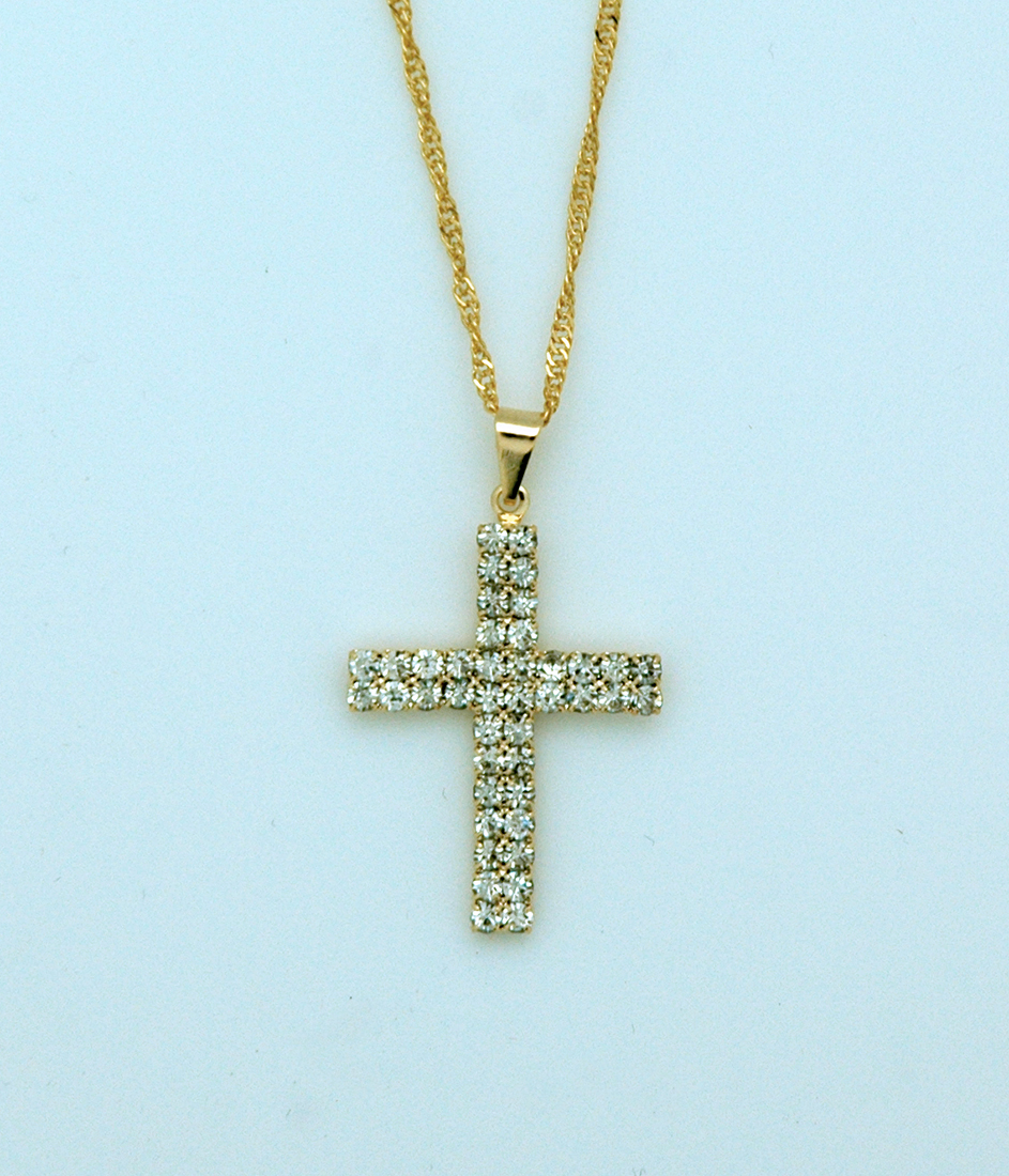 BCF17 - Brazilian Necklace, Gold Plated Cross with Crystals, 1 1/4 in., 20 in. Chain