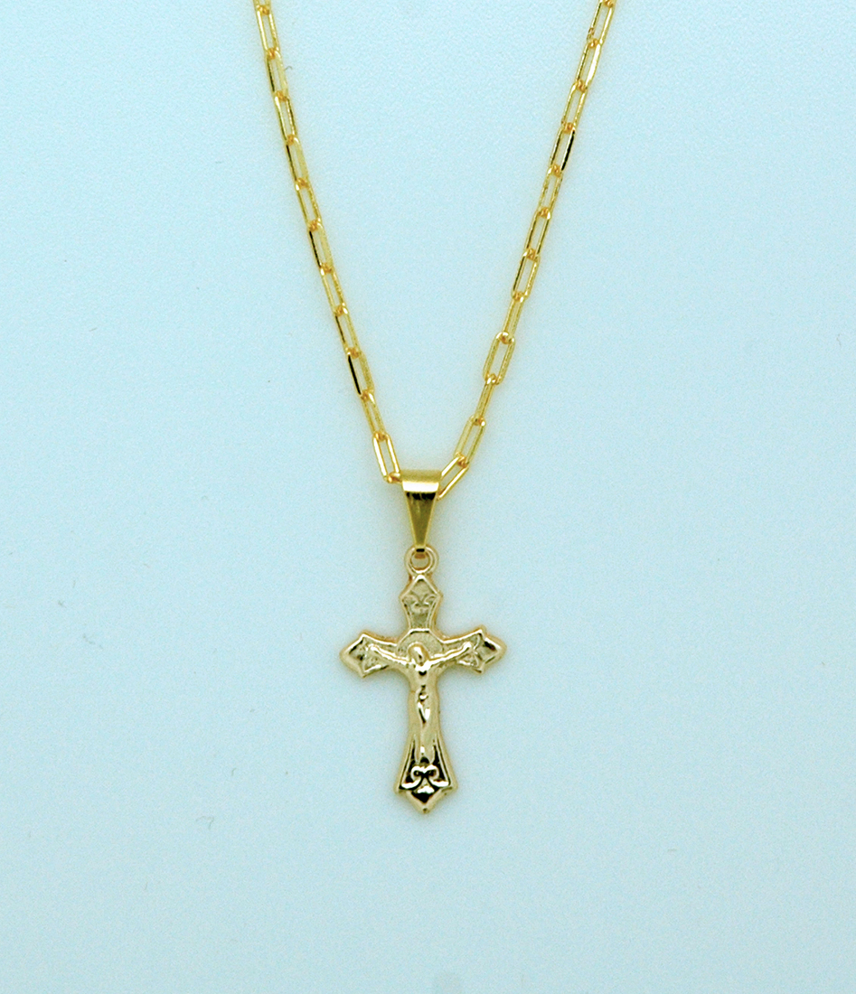 BCF23 - Brazilian Necklace, Gold Plated Crucifix, 7/8 in., 20 in. Chain