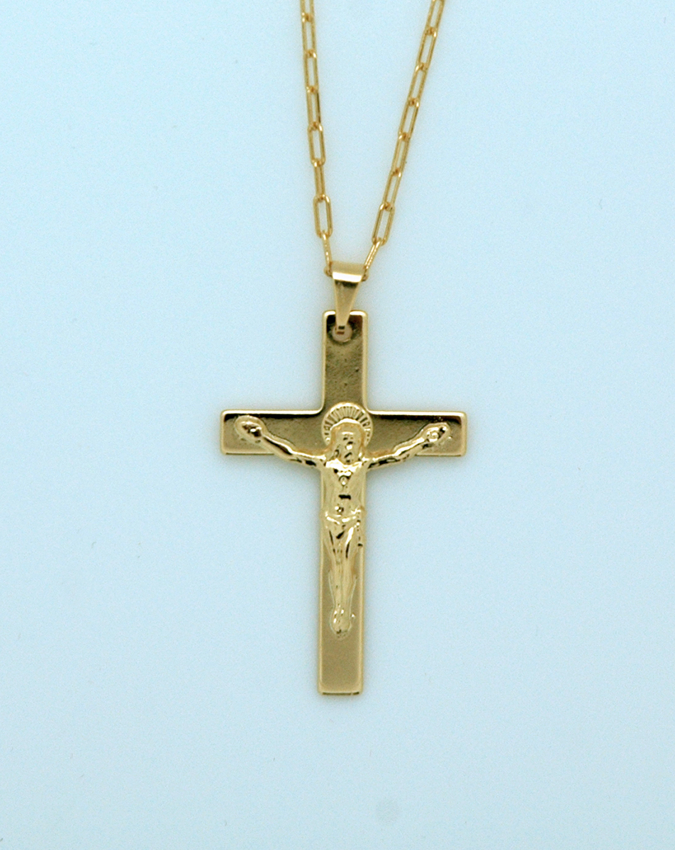 BCF82 - Brazilian Necklace, Gold Plated Crucifix, 1 1/2 in., 20 in. Chain