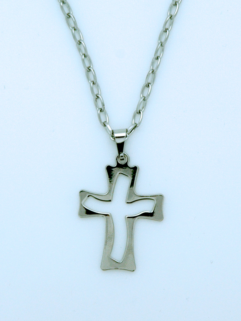 BCR06 - Brazilian Cross Necklace, Stainless Steel, Cut-Out, 1 1/4 in., 20 in. Chain