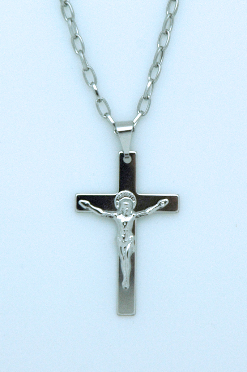 BCR27 - Brazilian Crucifix Necklace, Stainless Steel, 1 1/2 in., 20 in. Chain