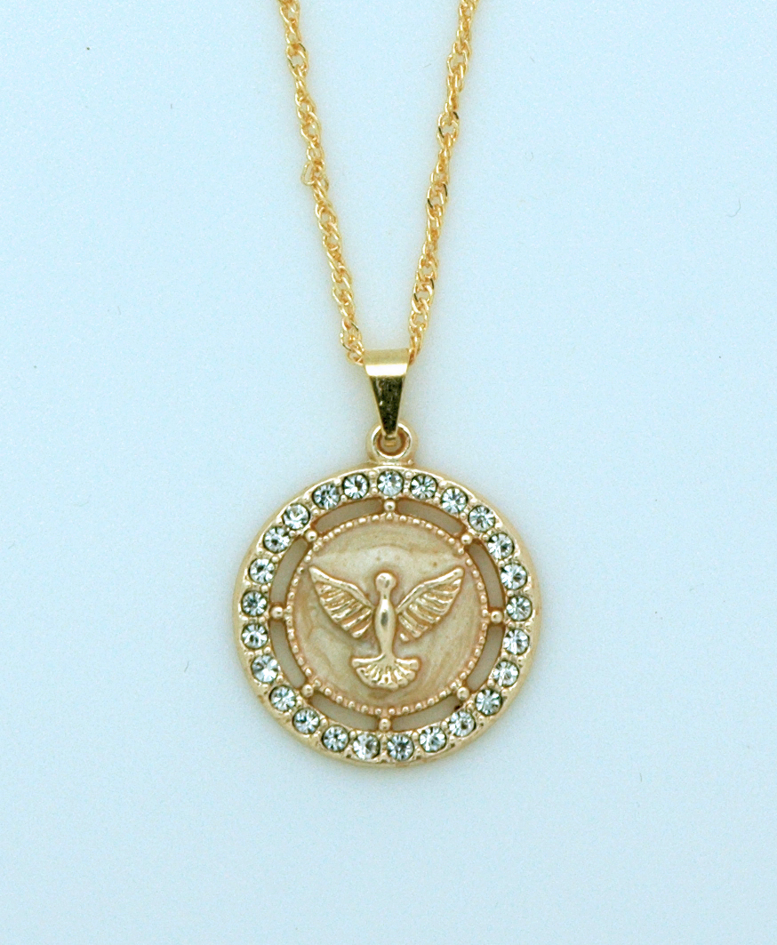 BMF175 - Brazilian Necklace, Gold Plated, Holy Spirit, Faux Mother of Pearl, 20 in. Chain