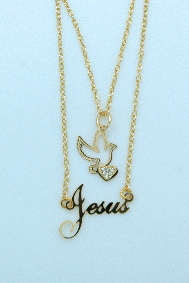 BMF427 - Brazilian Necklace, Gold Plated, Holy Spirit, Jesus, 20 in. Chain