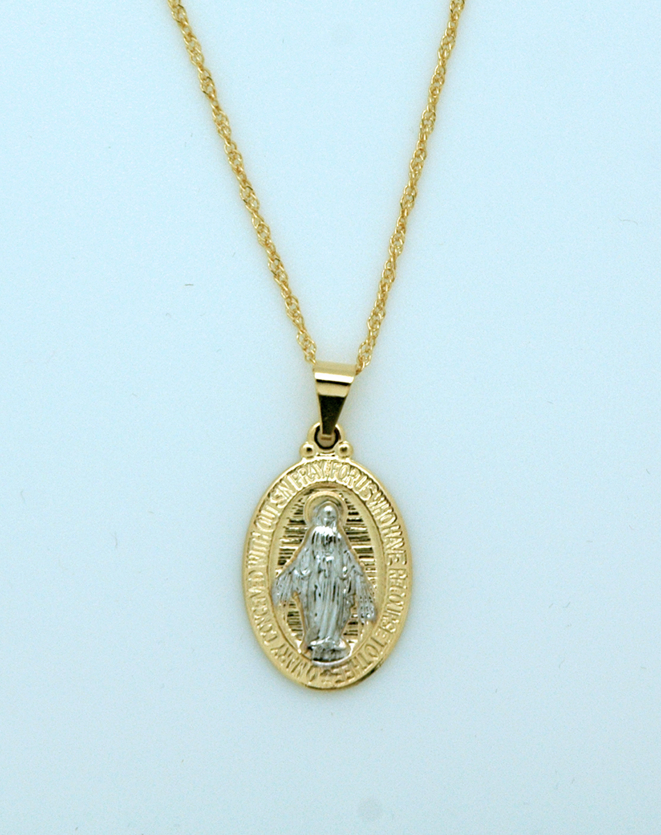 BMF495 - Brazilian Necklace, Gold & Silver, Oval Miraculous Medal, 20 in. Chain