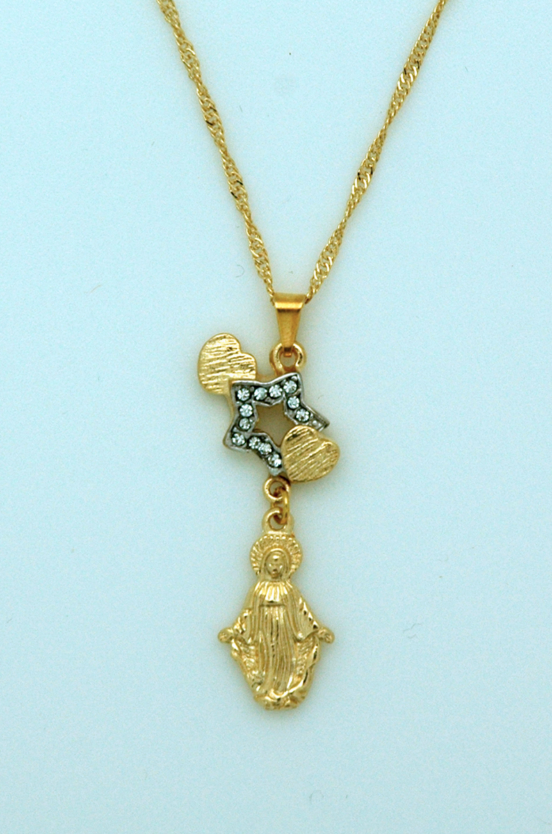 BMF556 - Brazilian Necklace, Gold Plated, Star with Hearts, Miraculous Medal, 20 in. Chain