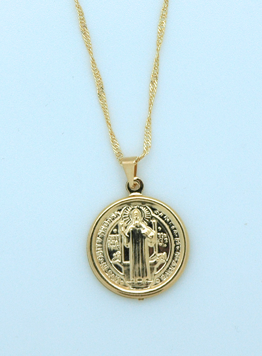 BMF582 - Brazilian Necklace, Gold Plated, Medium St. Benedict Medal, 20 in. Chain