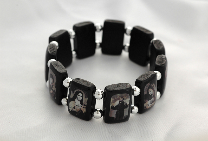 BVP13 - Brazilian Wood Saints Bracelet, Black, Silver Beads, Black & White Pictures