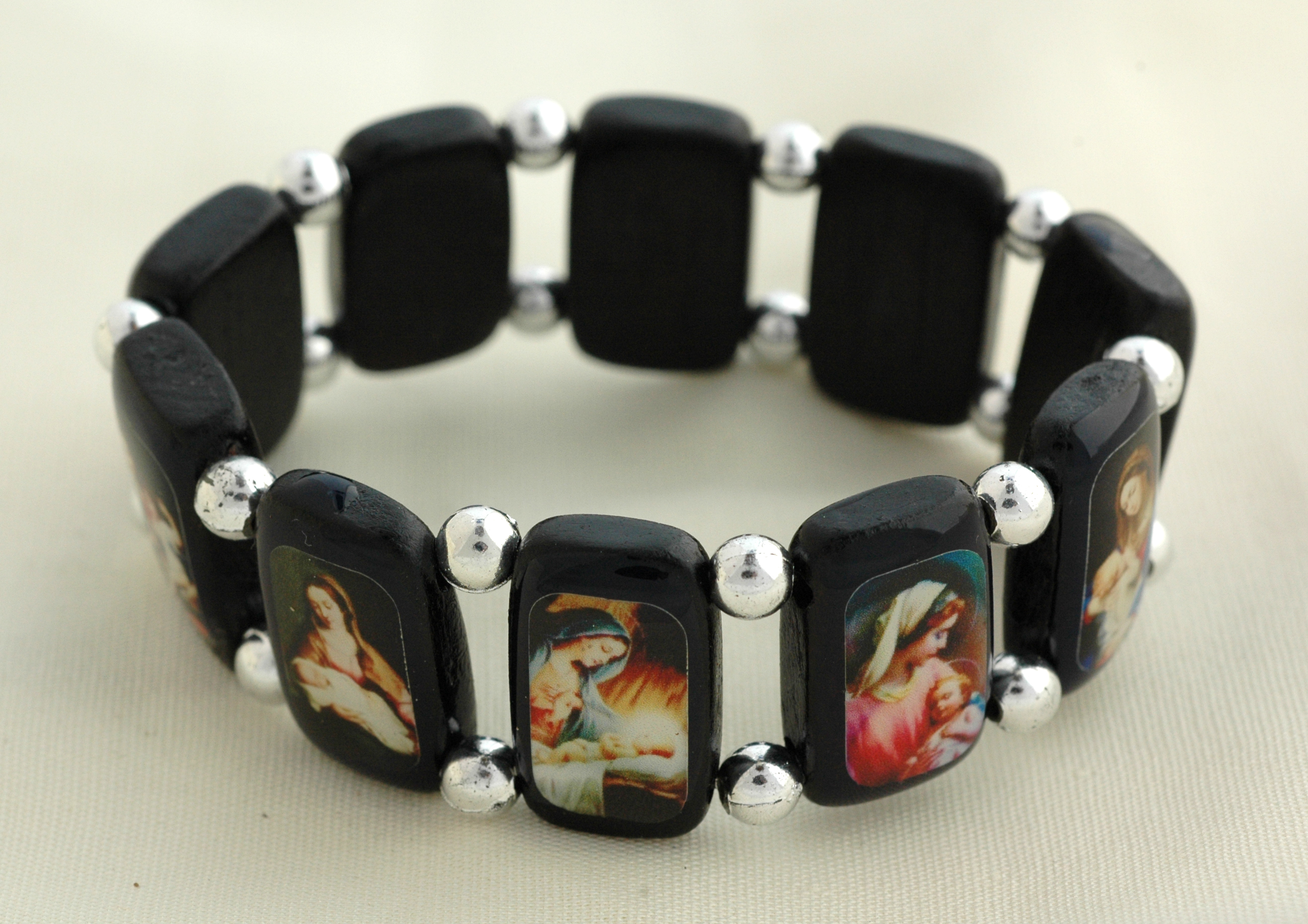 BVP11 - Brazilian Wood Saints Bracelet, Black, Silver Beads