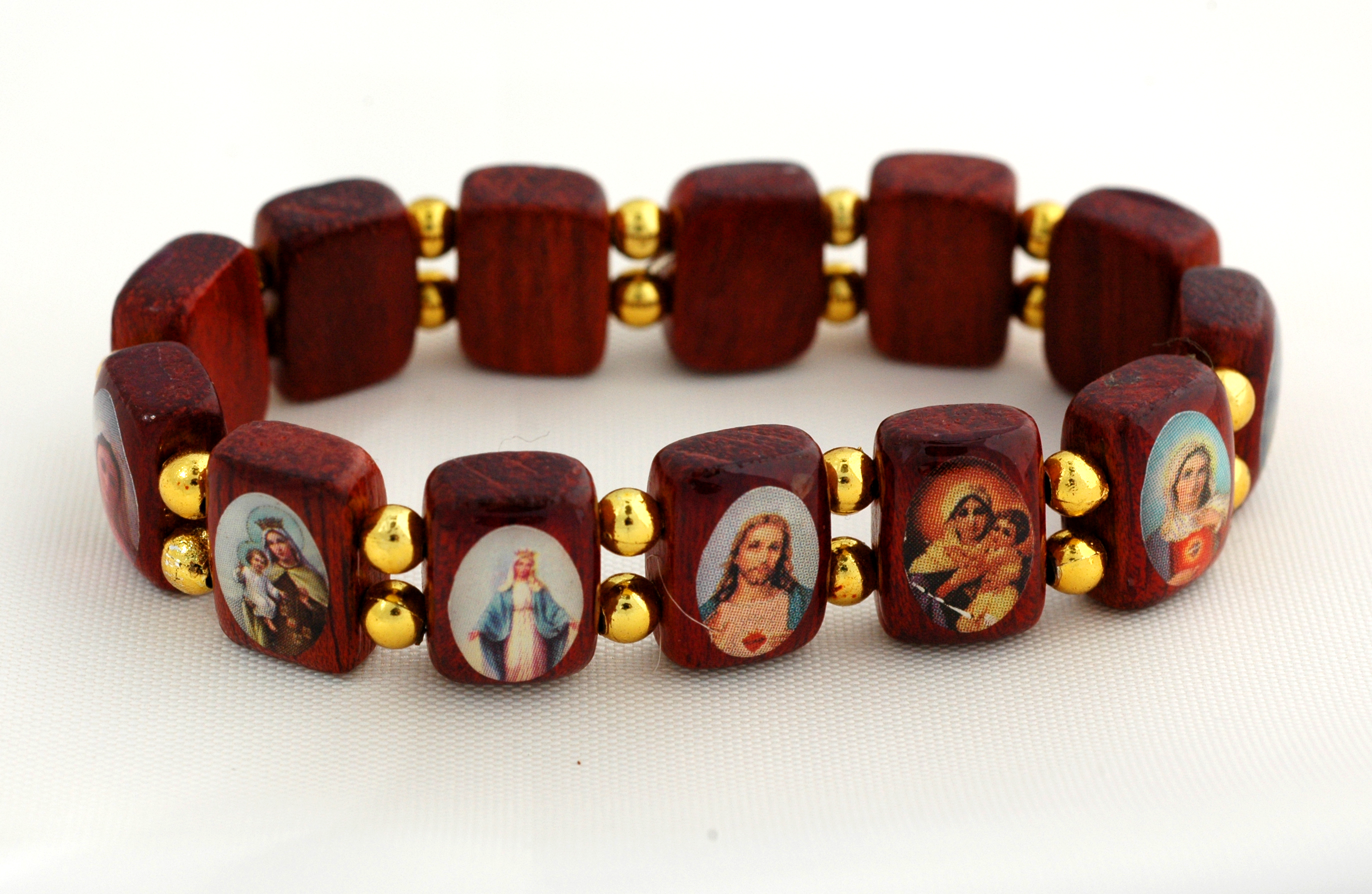 BP06G - Brazilian Wood Saints Bracelet, Brown, Gold Beads