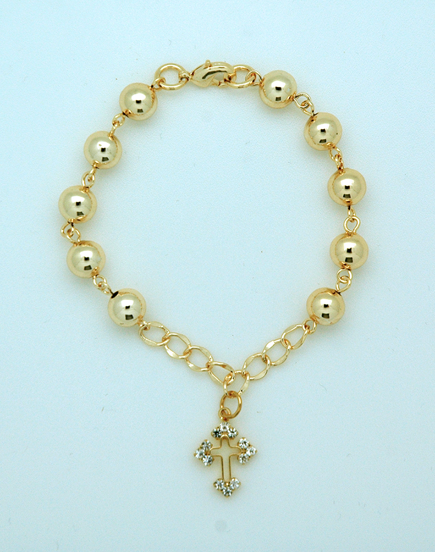 BPS144 - Brazilian Gold Plated Rosary Bracelet, 8 mm. Beads, Cross with Crystals