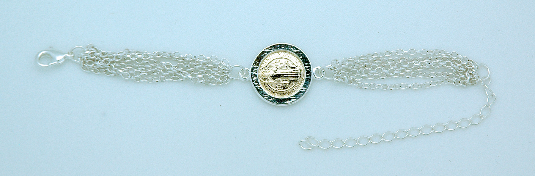 BPS25 - Brazilian Bracelet, Silver Multi-Chain, Gold St. Benedict