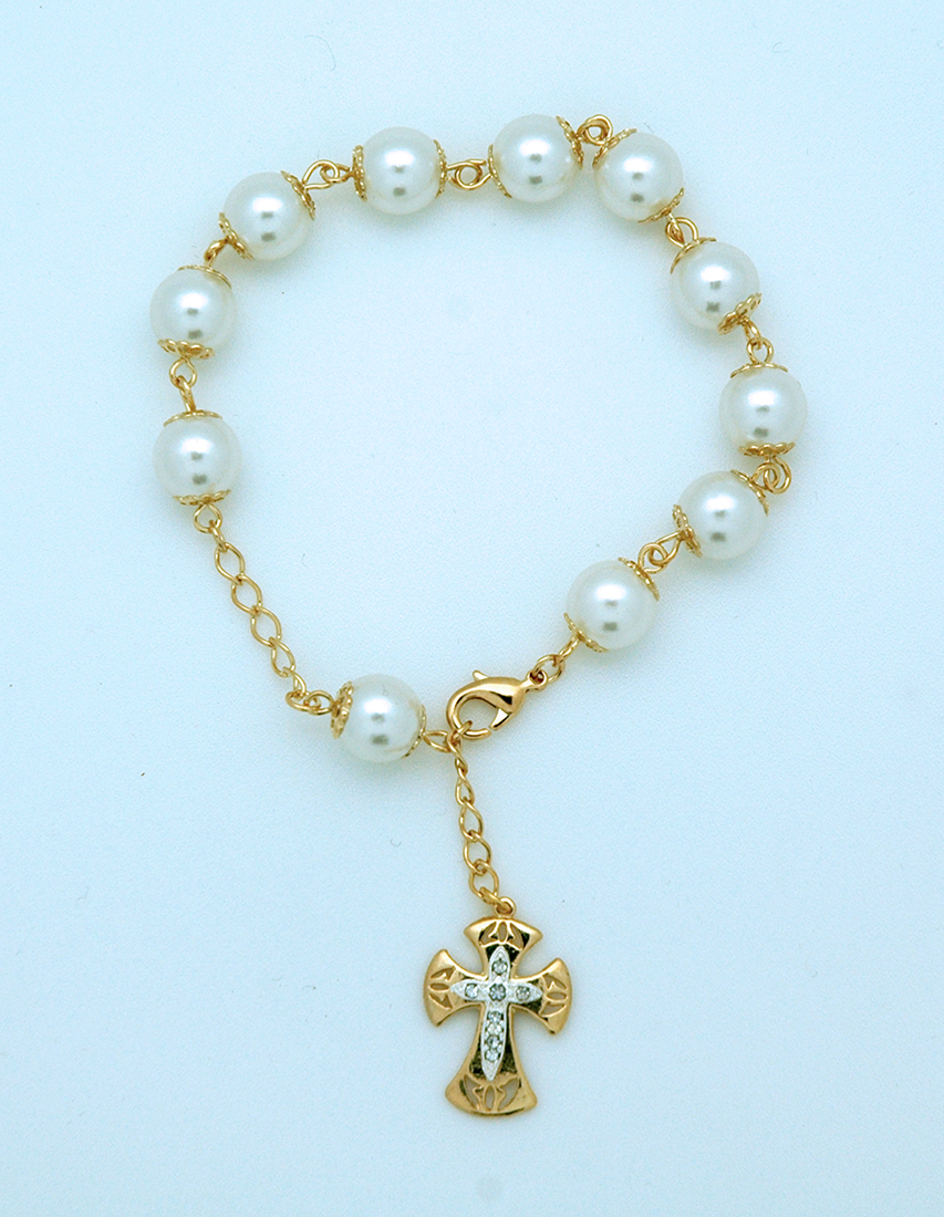 BPS26 - Brazilian Gold Plated Rosary Bracelet, 10 mm. Faux Pearls