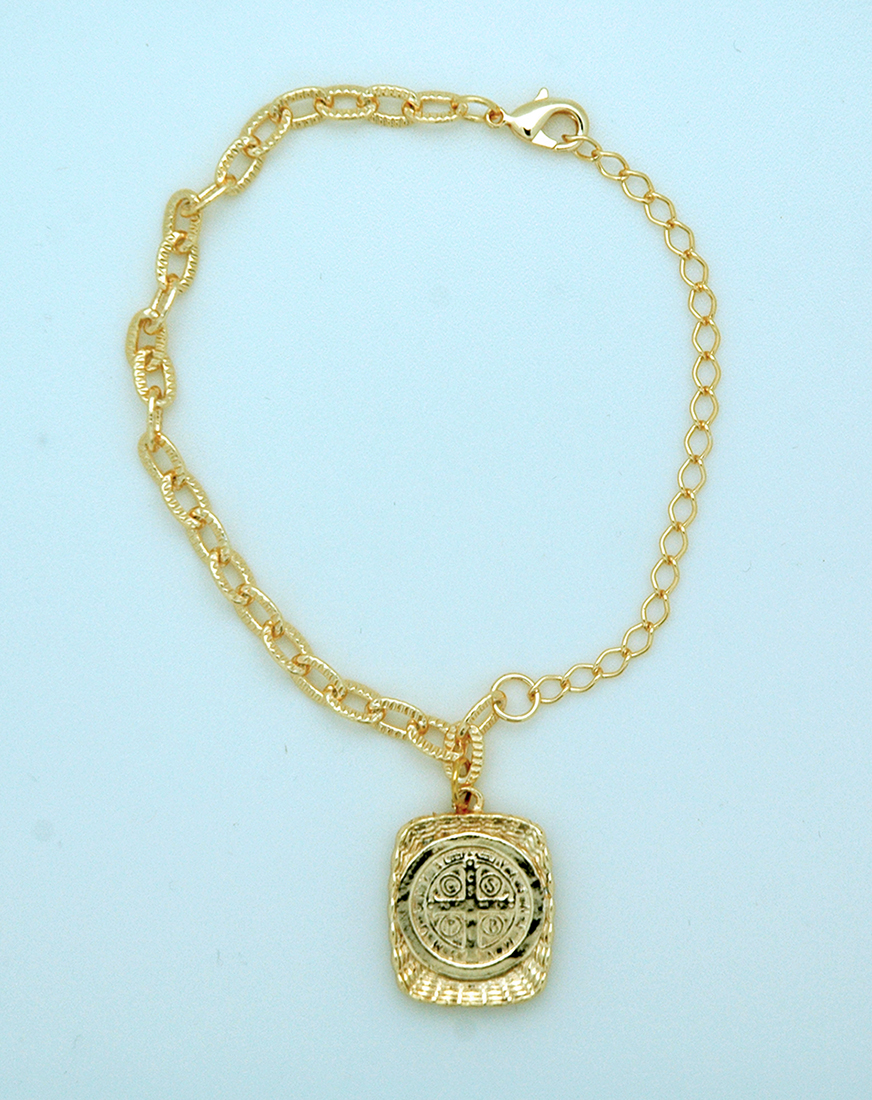 BPS76 - Brazilian Gold Plated Bracelet, Square St. Benedict Medal