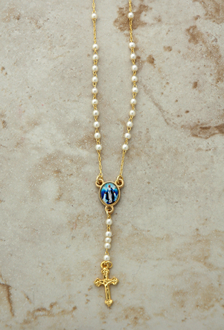 BTAE20P - Brazilian Rosary Necklace, Pearls, Gold Plated with Our Lady of Grace