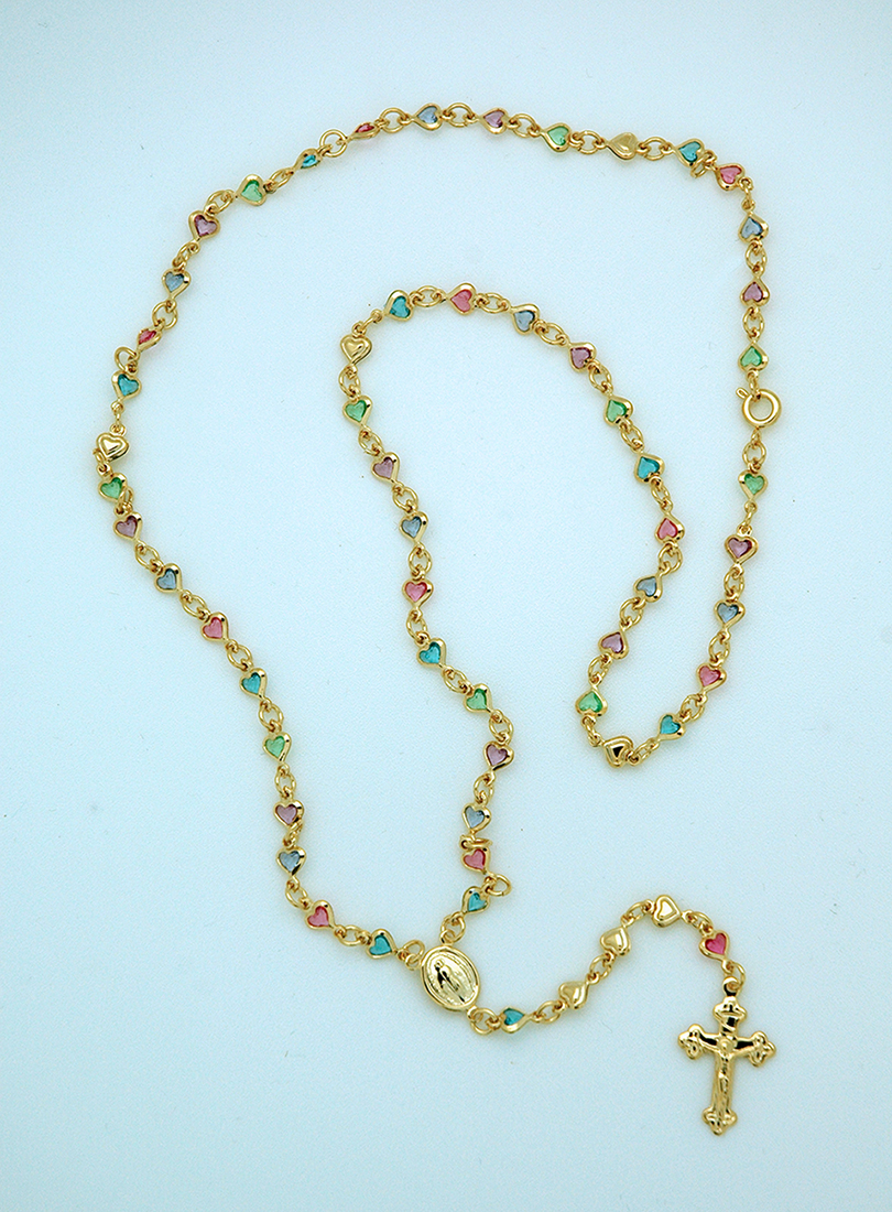 BTF13 - Brazilian Gold Plated Rosary Necklace, Multi-Colored Crystals, Miraculous Medal