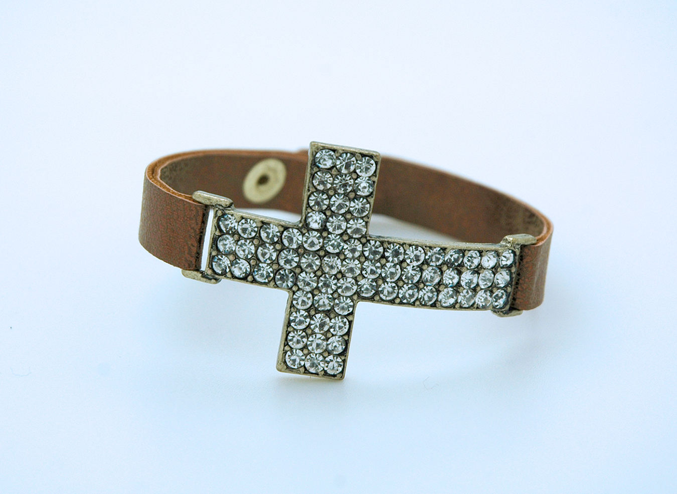 CU1025G - Large Crystal Cross Bracelet on Gold, Faux Leather Band