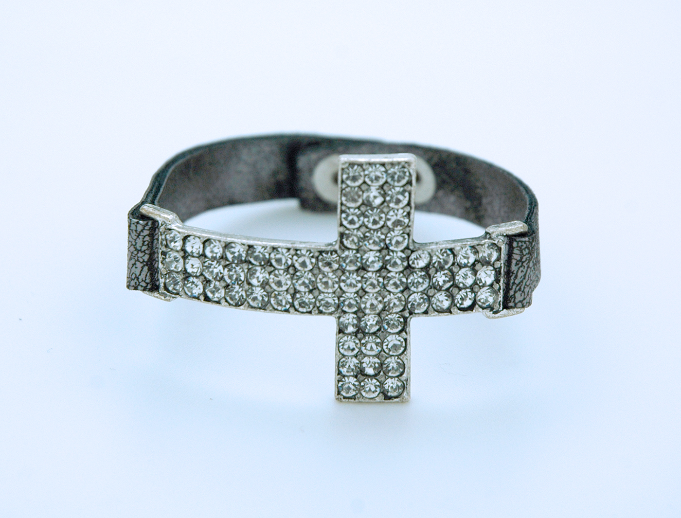 CU1025S - Large Crystal Cross Bracelet on Silver, Faux Leather Band
