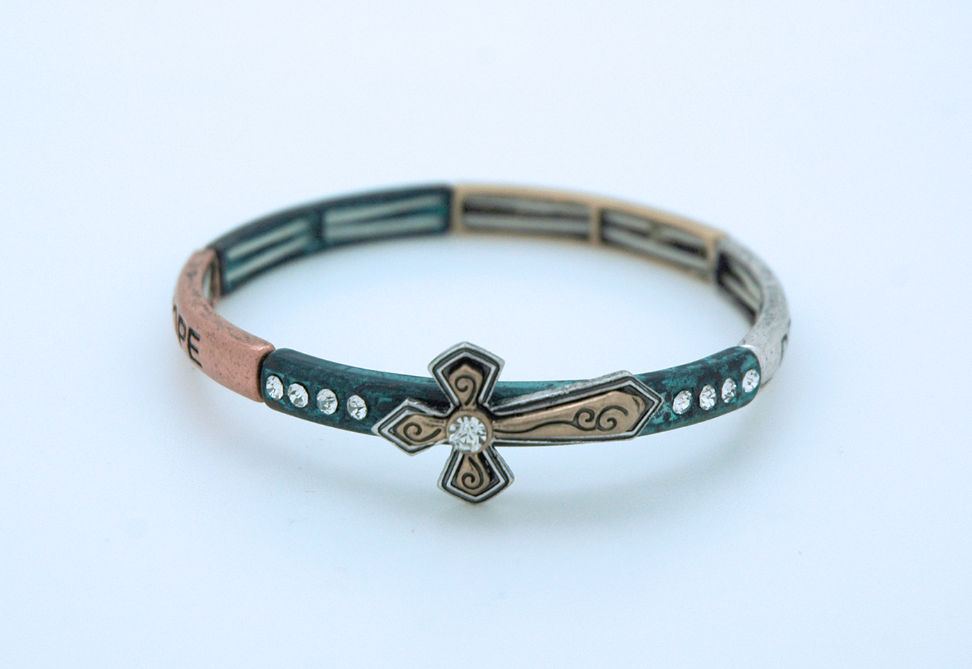 CU4238 - Metal Bracelet with Cross and Crystals, "Hope" on Side