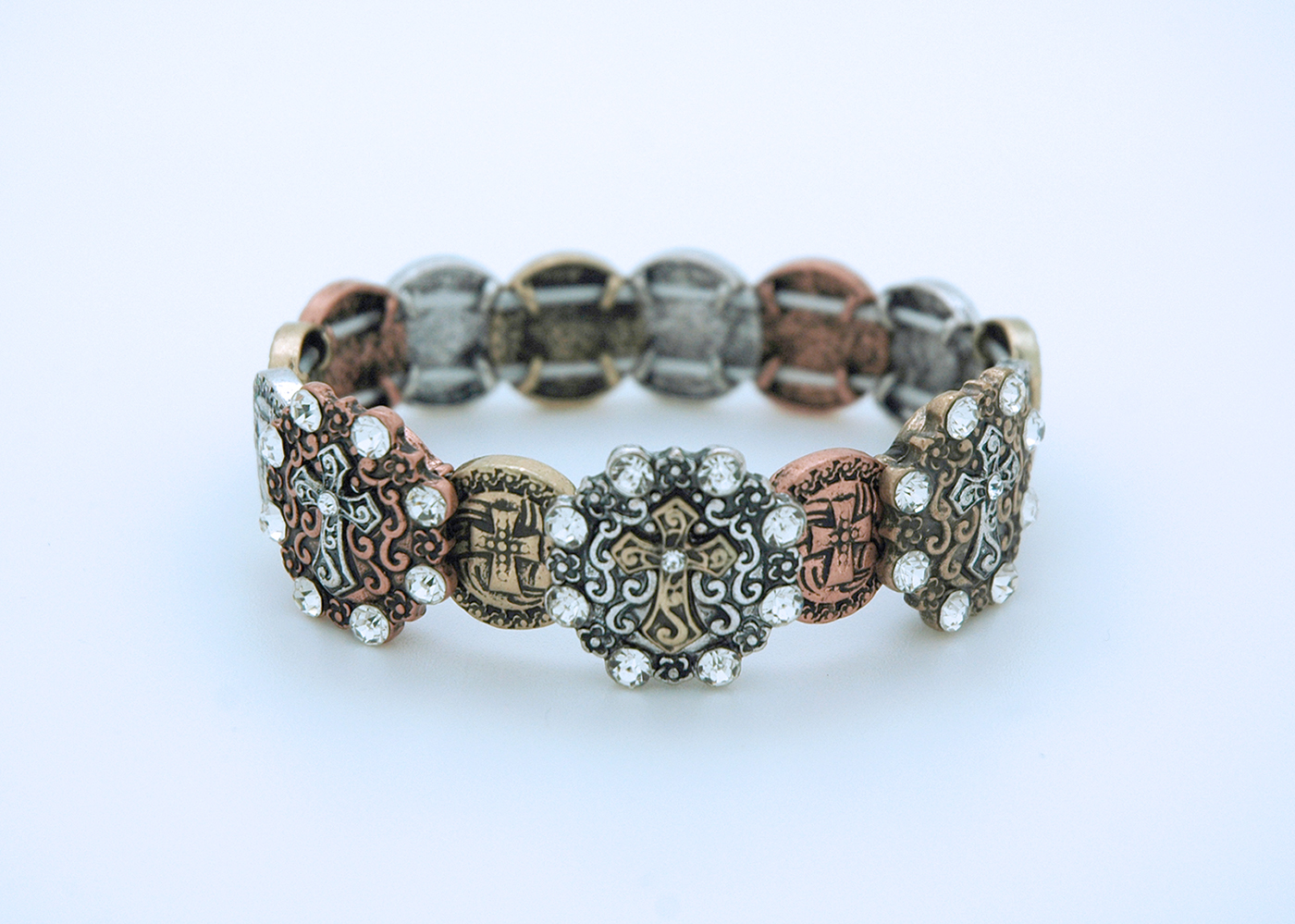 CU4346 - Metal Bracelet, Tri-Color with Rhinestones and Crosses
