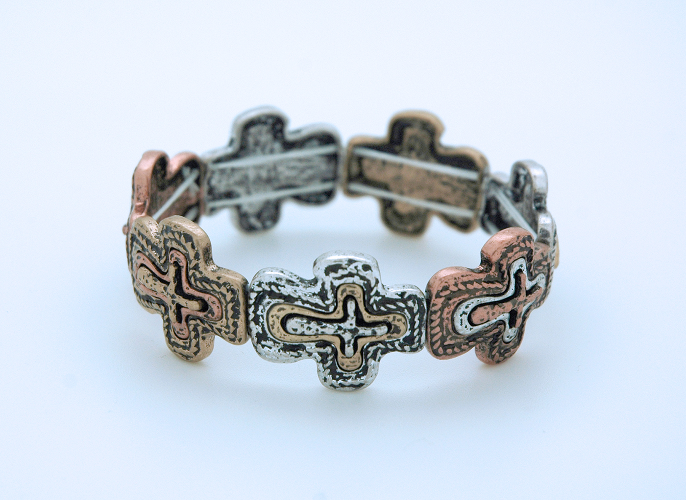 CU4608M - Metal Cross Bracelet, Multi-Color, On Elastic