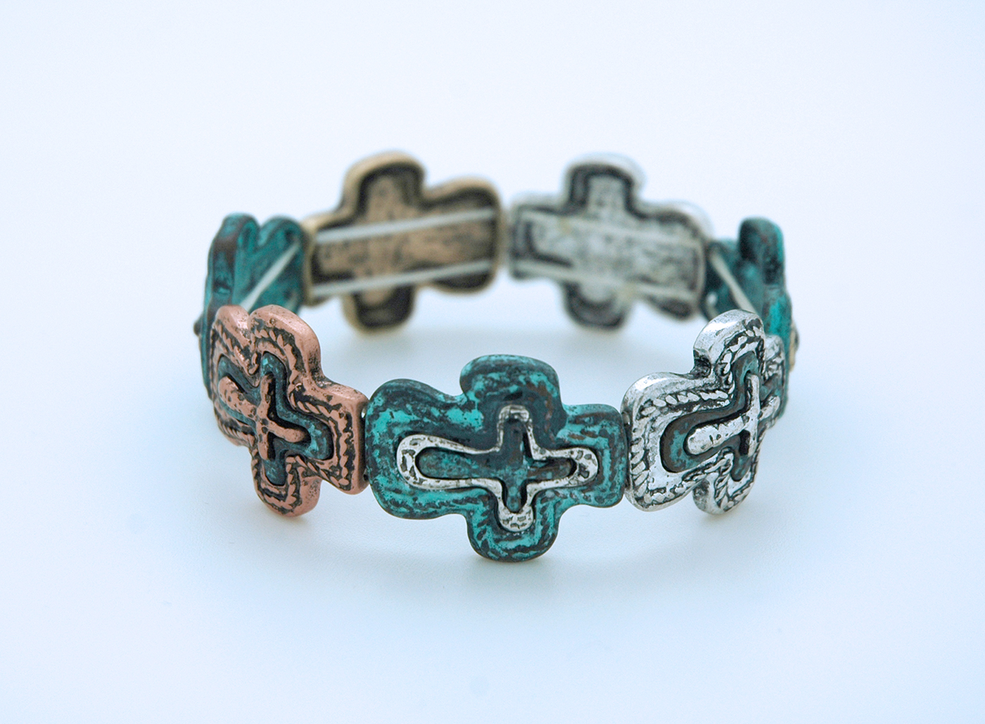 CU4608MT - Metal Cross Bracelet, Multi-Color with Turquoise, On Elastic