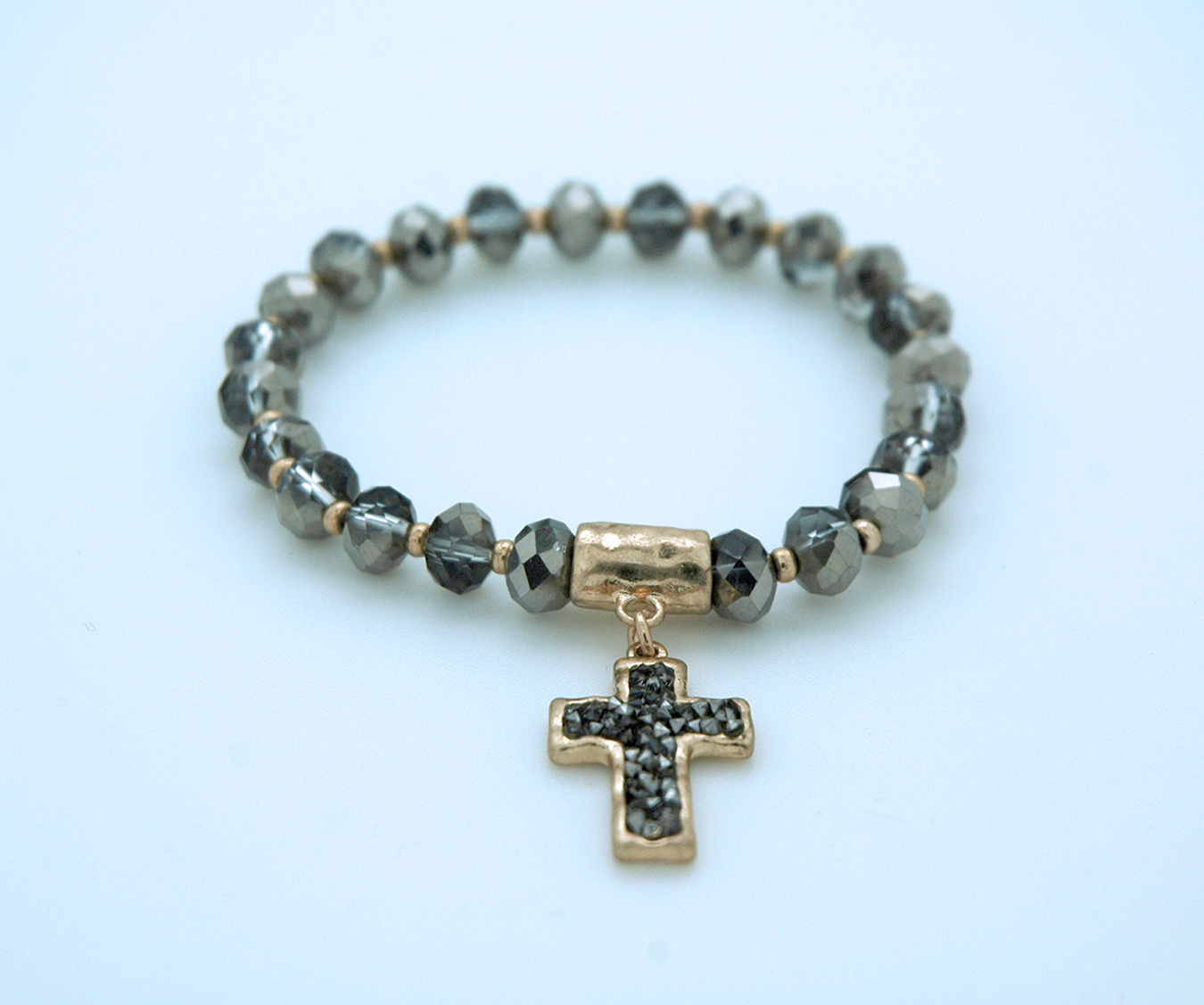 CU6657G - Silver Beads and Gold Cross Bracelet, on Elastic