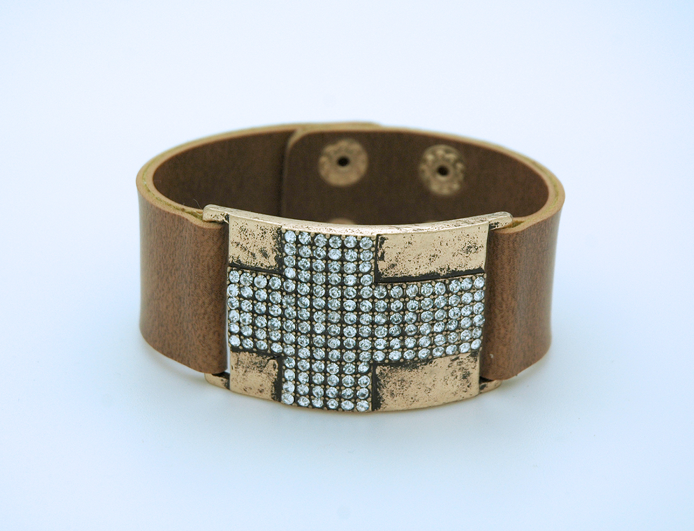 CU817 - Faux Wide Leather Bracelet, Brown, Crystal Cross