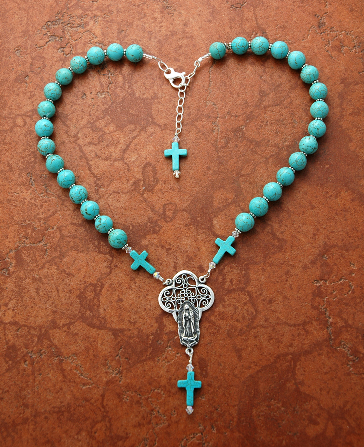 SSGN2 - Sterling Silver Necklace, Turquoise with Guadalupe Medal