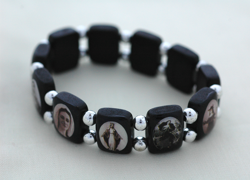 BVP17 - Brazilian Wood Saints Bracelet, Black, Silver Beads, Black & White Pictures BVP17 - Brazilian Wood Saints Bracelet, Black, Silver Beads, Black & White Pictures