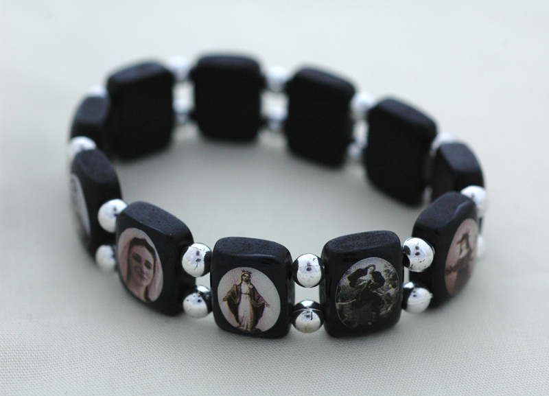 BVP17 - Brazilian Wood Saints Bracelet, Black, Silver Beads, Black & White Pictures