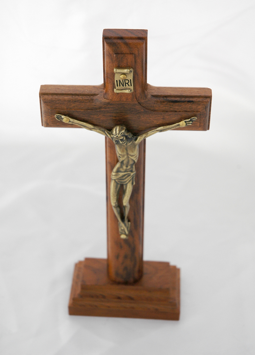 BA973 - Brazilian Wood Wall Crucifix with Removable Stand, Gold Corpus