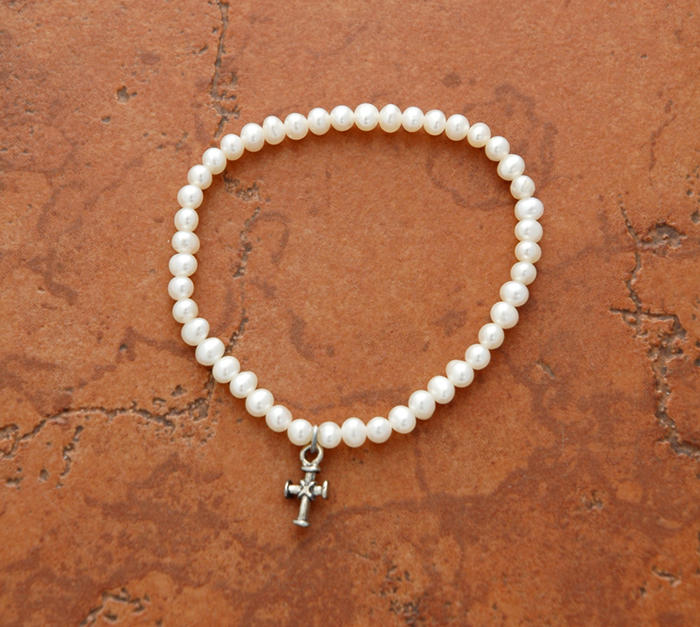 SSB2 - Freshwater Pearl Stretch Bracelet with Sterling Silver Cross, Large or Small