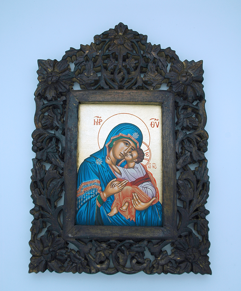 GIND-MDB - Greek Icon, Hand Painted Serigraph in Carved Wood, Blue Madonna, 8 1/2 x 12 1/2 in.