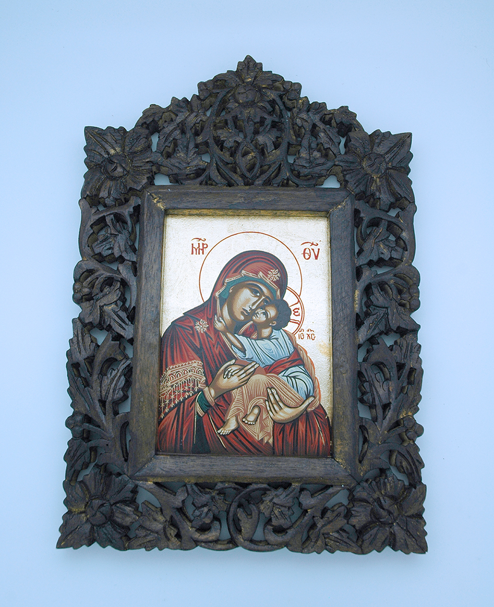 GIND-MDR - Greek Icon, Hand Painted Serigraph in Carved Wood, Red Madonna, 8 1/2 x 12 1/2 in.