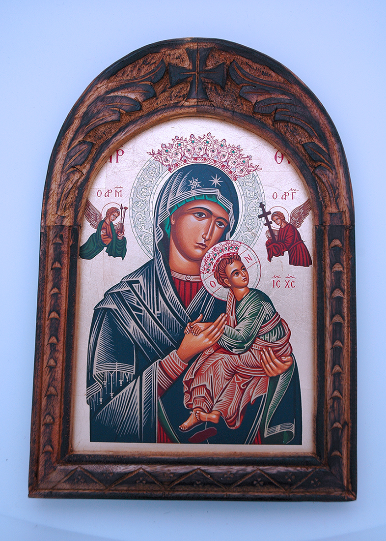 G2IND8 - Greek Icon, Hand Painted Serigraph in Carved Wood Frame, Madonna, 9x13 in.