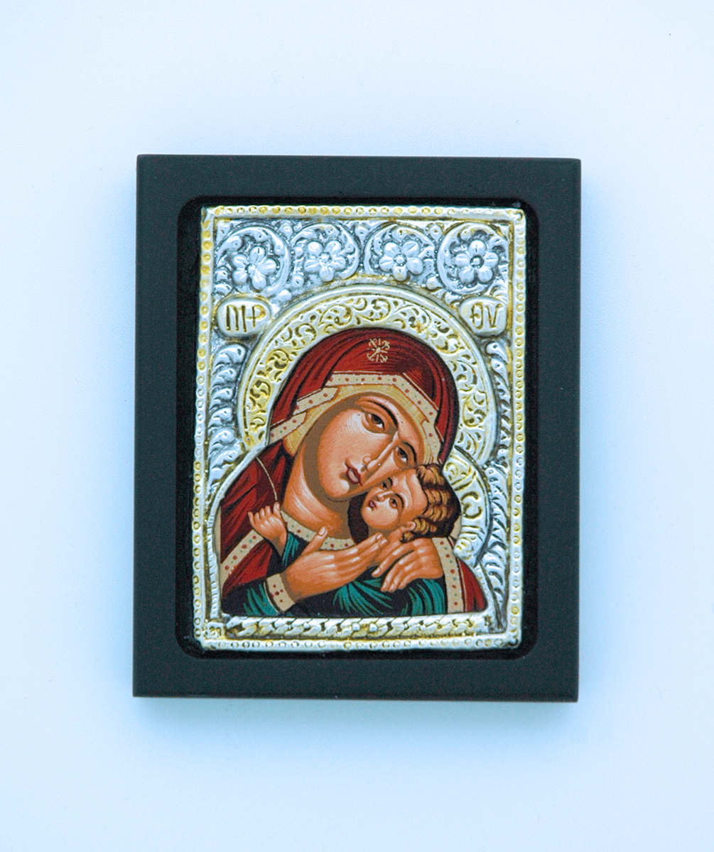GEM03-MDR - Greek Icon, Sterling Silver Plated, Red Madonna, 2 1/2 x 3 in.