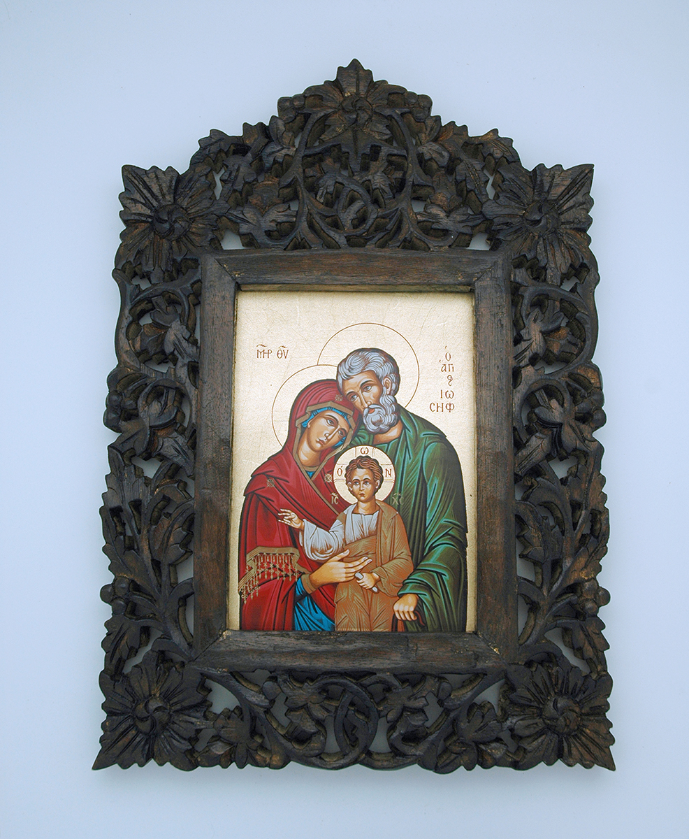 GIND-HF - Greek Icon, Hand Painted Serigraph in Carved Wood, Holy Family, 8 1/2 x 12 1/2 in.