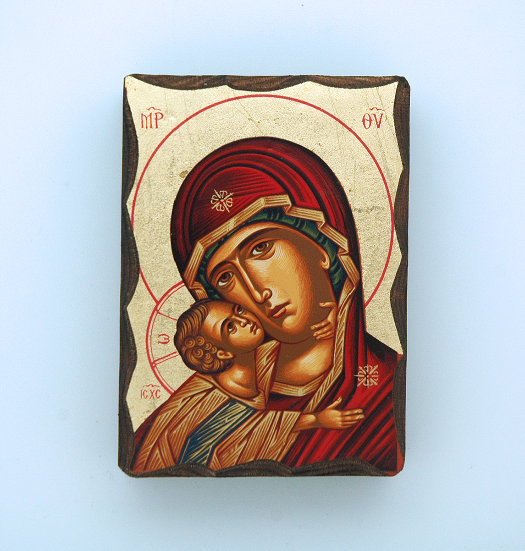 GMIN2-MDR - Greek Hand Painted Serigraph Table Icon, Red Madonna, 2 1/2 x 3 1/2 in.