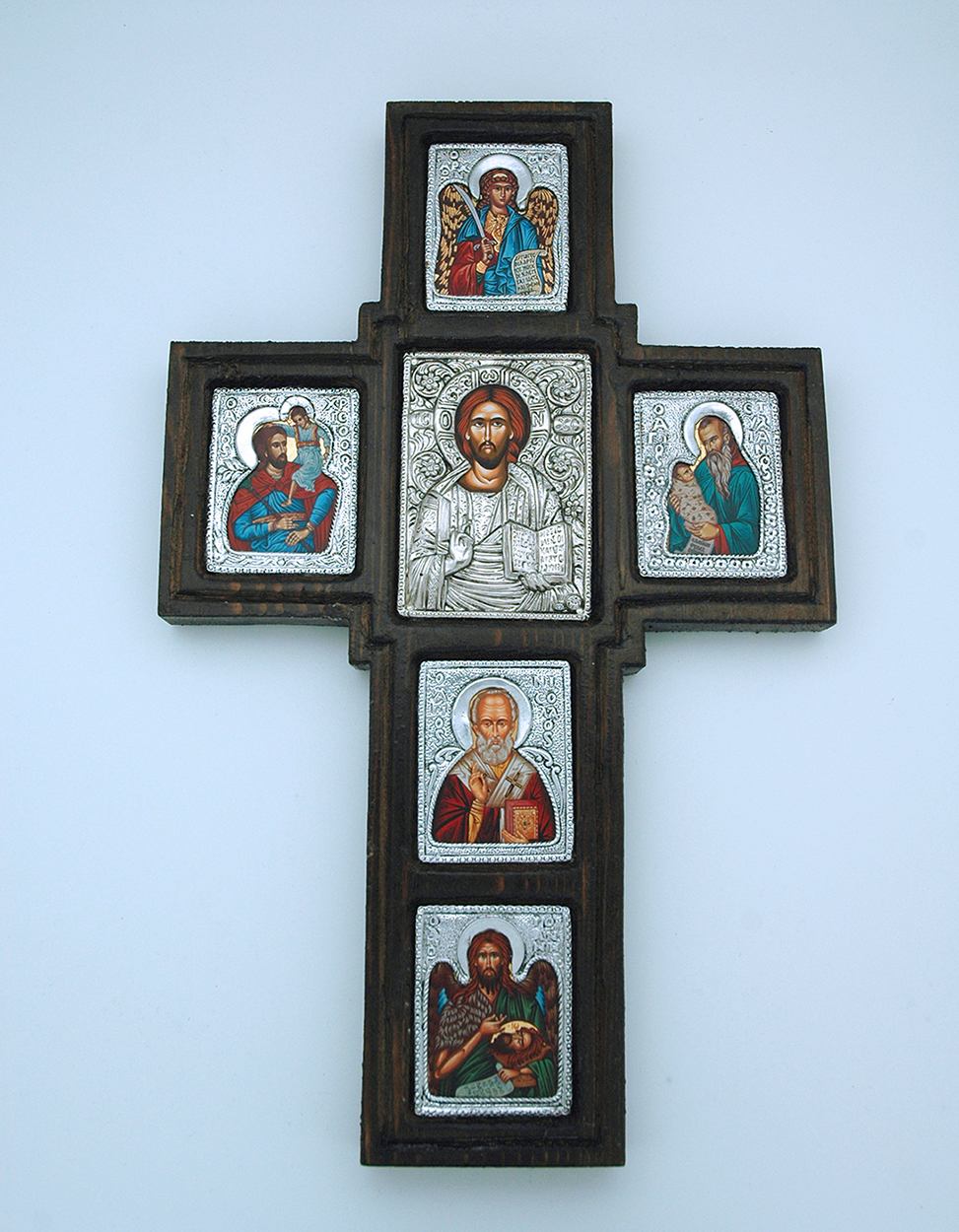 GSTPOL2 - Greek Icon, Hand Painted Serigraph Cross, Sterling Silver Plated, 17 in.