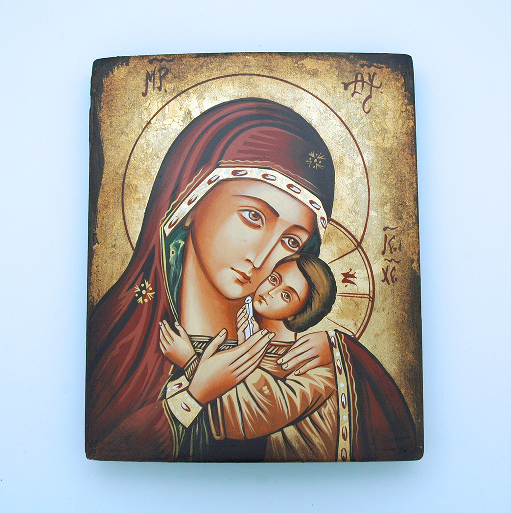 GROX2 - Greek Hand Painted Serigraph on Canvas & Antique Wood, Gold Leaf, 7x9 in.
