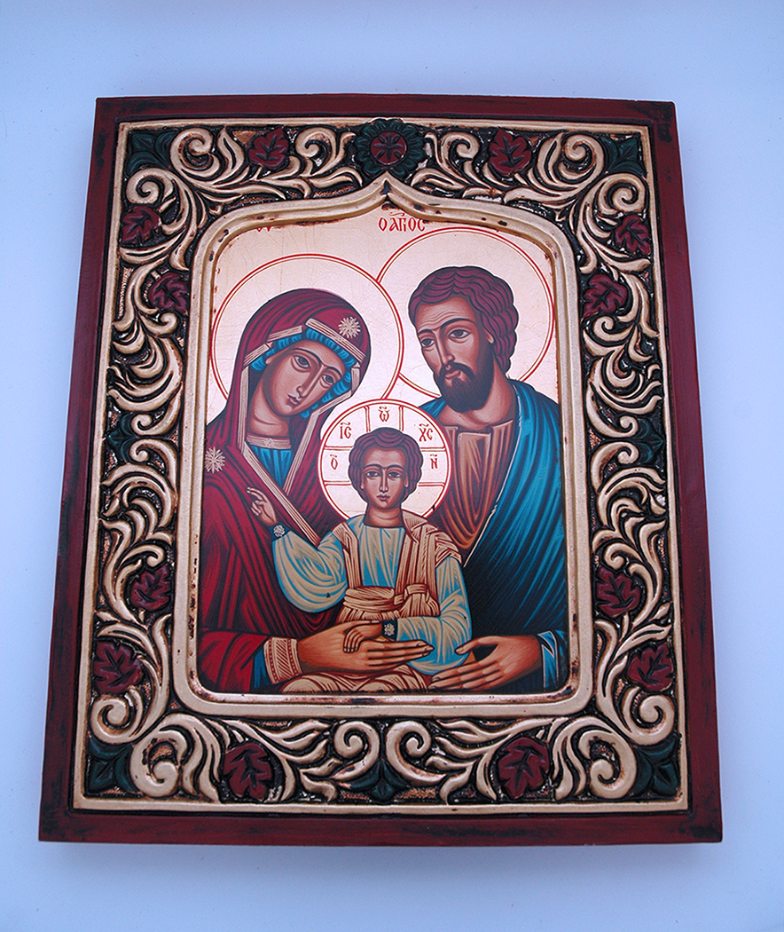 GSTAF1-HF - Greek Hand Painted Serigraph, Flowered Frame, Holy Family, 8 1/2 x 10 in.