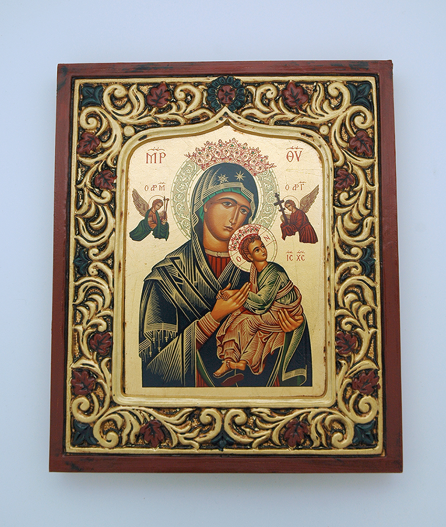 GSTAF1-PH - Greek Hand Painted Serigraph, Flowered Frame, Perpetual Help, 8 1/2 x 10 in.
