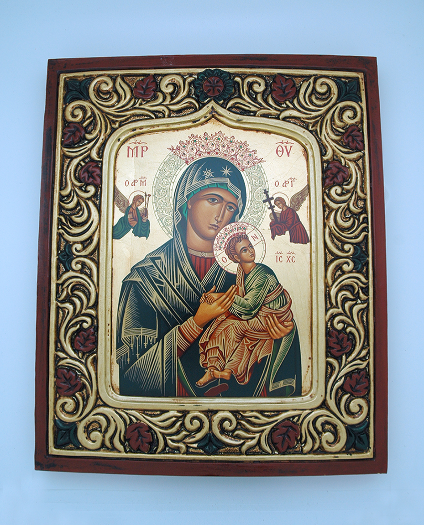 GSTAF2-PH - Greek Hand Painted Serigraph, Flowered Frame, Perpetual Help, 12x14 in.