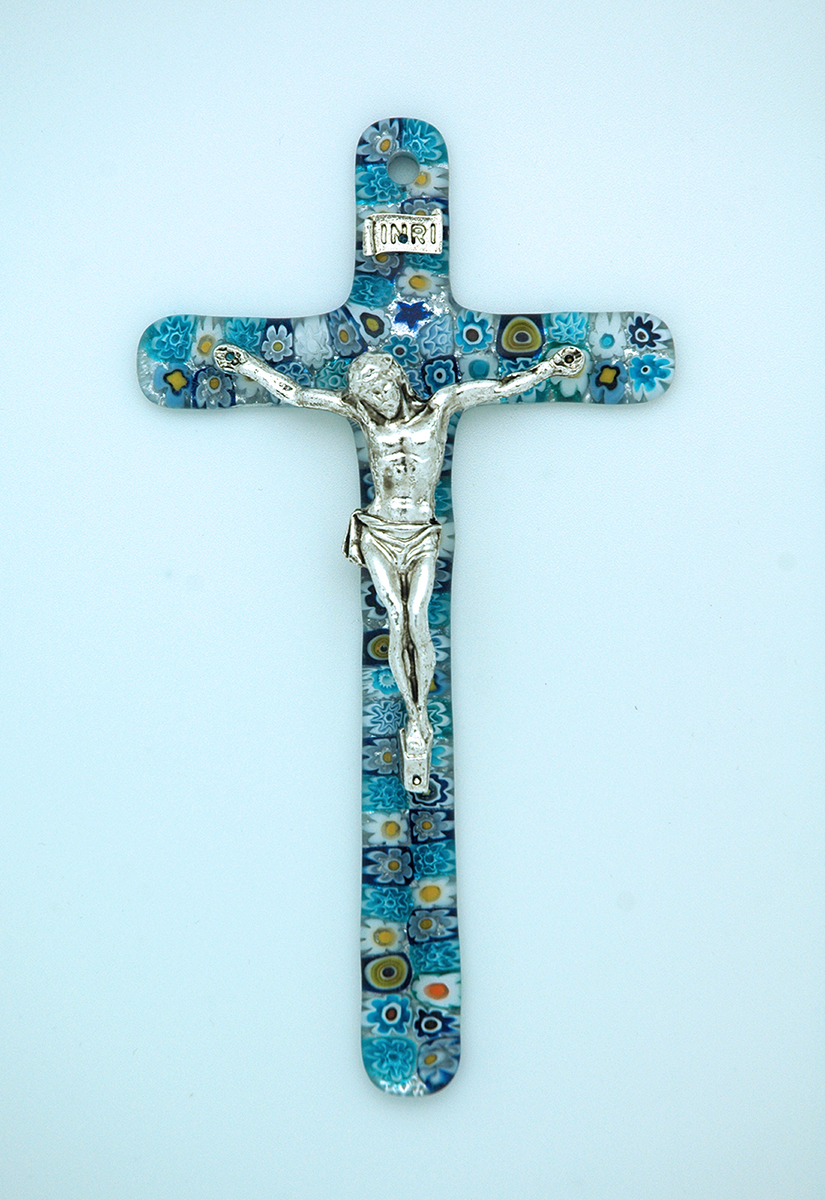 IG1486B - Italian Genuine Murano Glass Crucifix, Blue Flowers, 6 in.