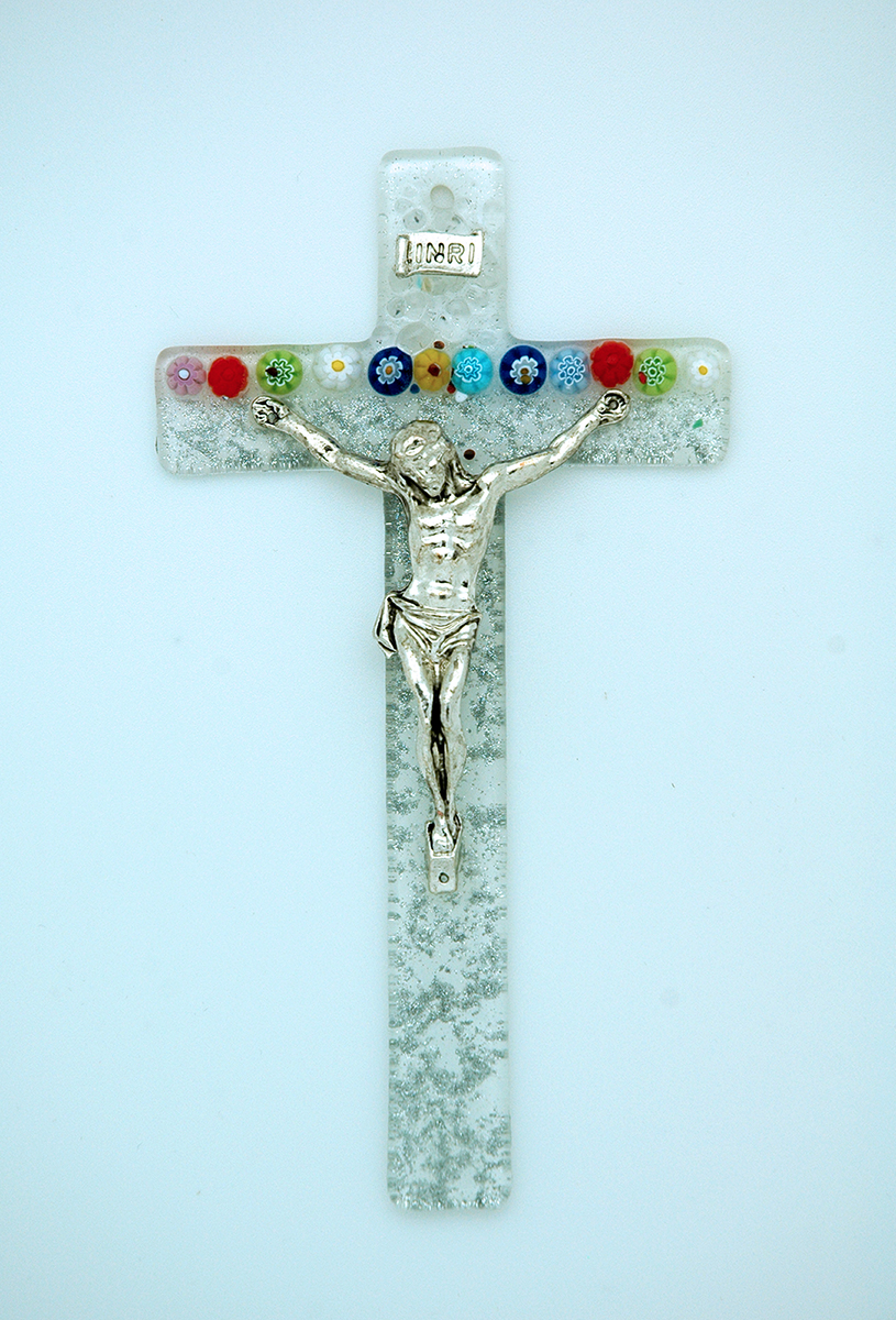 IG1963 - Italian Genuine Murano Glass Crucifix, Clear with Flowers, 6 in.